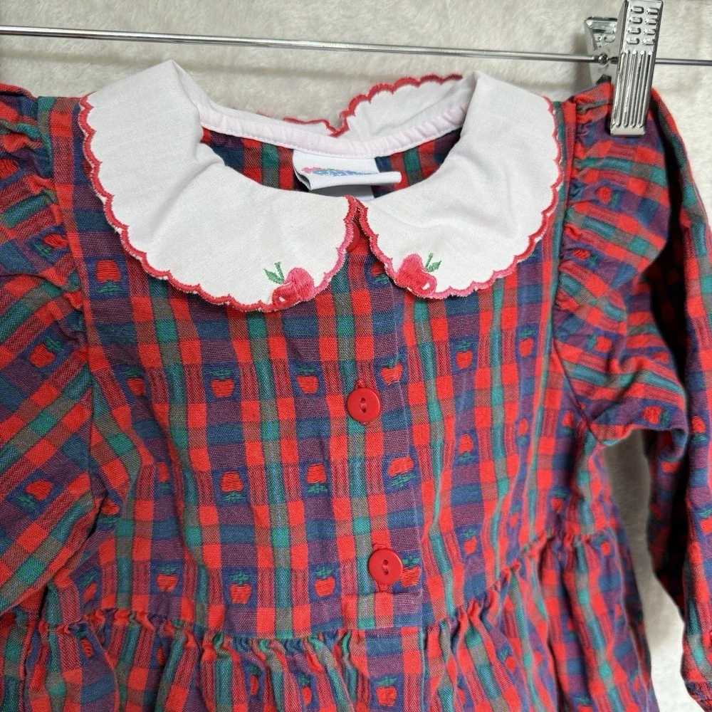 Vintage OshKosh B'Gosh Plaid Apple Print Romper Girls 24 months Cottage core USA